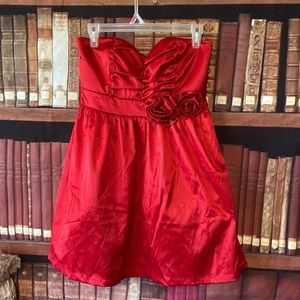 Red strapless formal rosette‎ dress by Have & Have